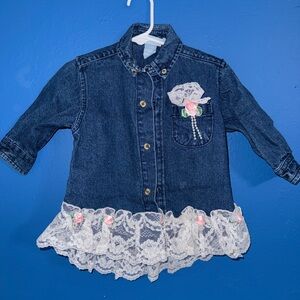Kids Denim Jacket with Lace Trim and Floral Accents